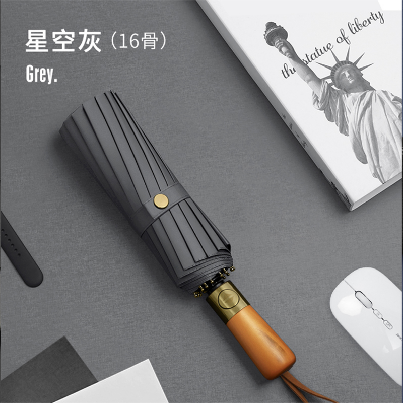 Hengdun high-end solid wood handle fully automatic folding umbrella, 12-bone reinforced windproof black rubber sun protection business umbrella, business commuting portable sunshade umbrella, reinforced windproof, rain and sun dual-purpose umbrella, wholesale and customization supported details Picture