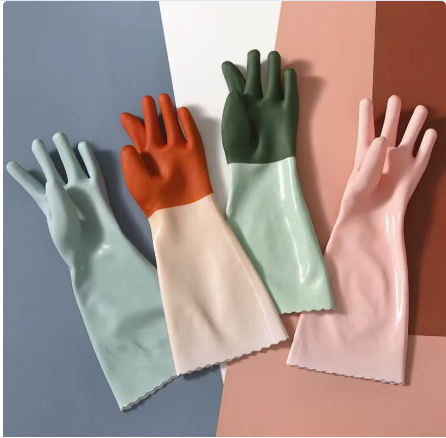 Dishwashing gloves with fleece, thickened fleece, warm, durable rubber latex for women's kitchen, extended gloves for laundry, and household chores details Picture