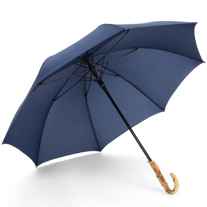 Hengdun retro artistic bamboo joint curved handle semi-automatic long pole umbrella, reinforced wind and rain resistant straight pole umbrella, simple solid color business commuting all-weather umbrella, factory stock available, wholesale supported, custom logo Item Picture