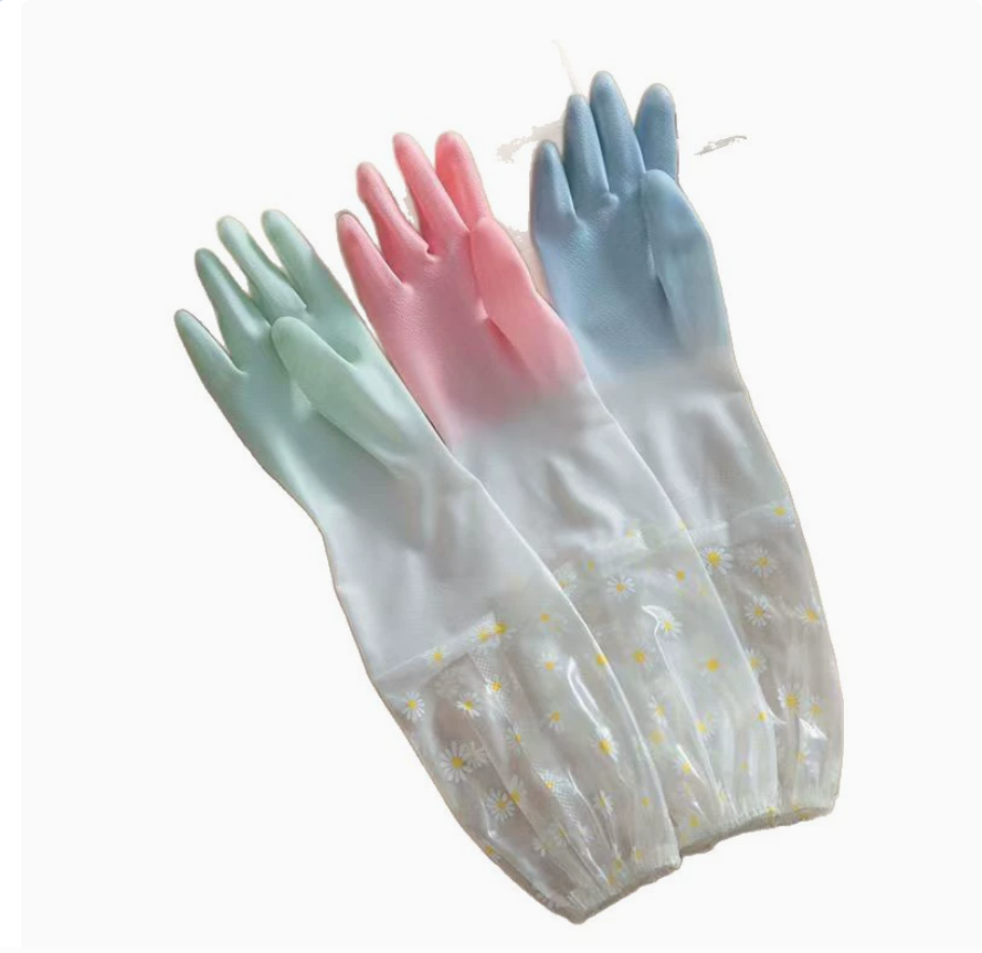 Kitchen household cleaning and dishwashing gloves for women, lengthened, durable for laundry, pvc leather, waterproof, thickened, gradient color for work Specification image