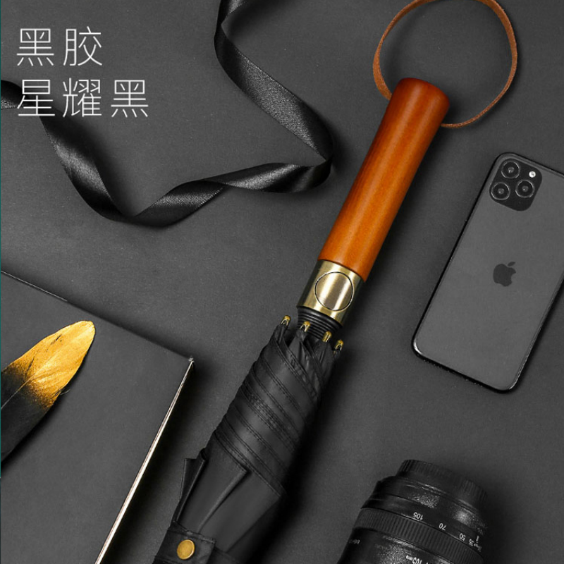 Hengdun automatic wooden handle all-weather umbrella, retro and light luxury style, gold rubber sun protection umbrella, black rubber UV protection sunshade umbrella, reinforced wind and rain resistance, business straight pole umbrella, supports wholesale and custom LOGO Specification image
