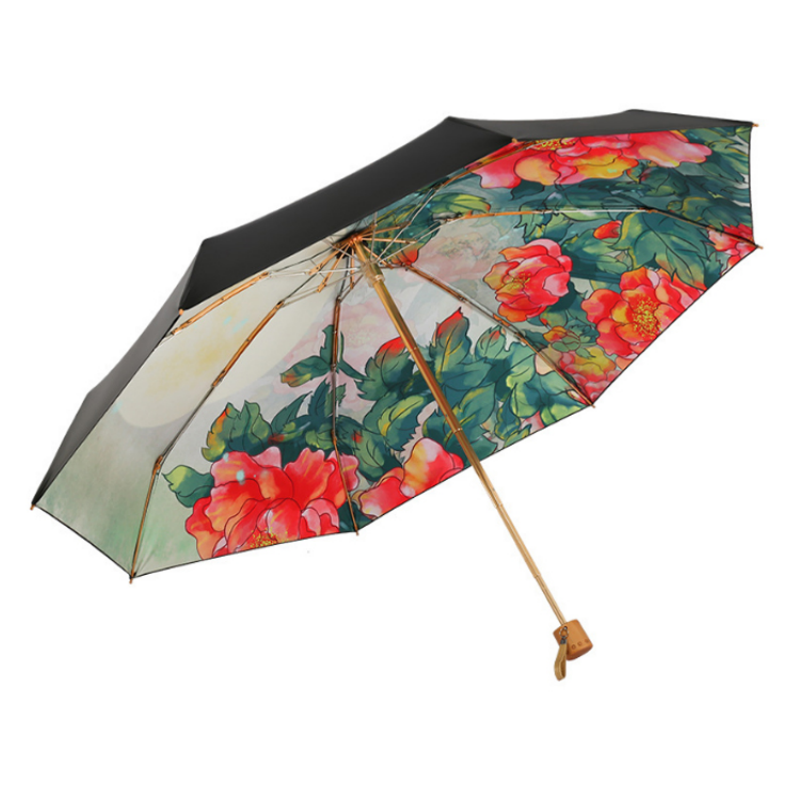 Hengdun New Chinese-style watercolor flower portable umbrella, UV-resistant black rubber sun protection umbrella, mini folding pocket umbrella, artistic and retro style, commuting dual-purpose umbrella, high appearance level, women's sunshade umbrella, wholesale and customization supported Item Picture