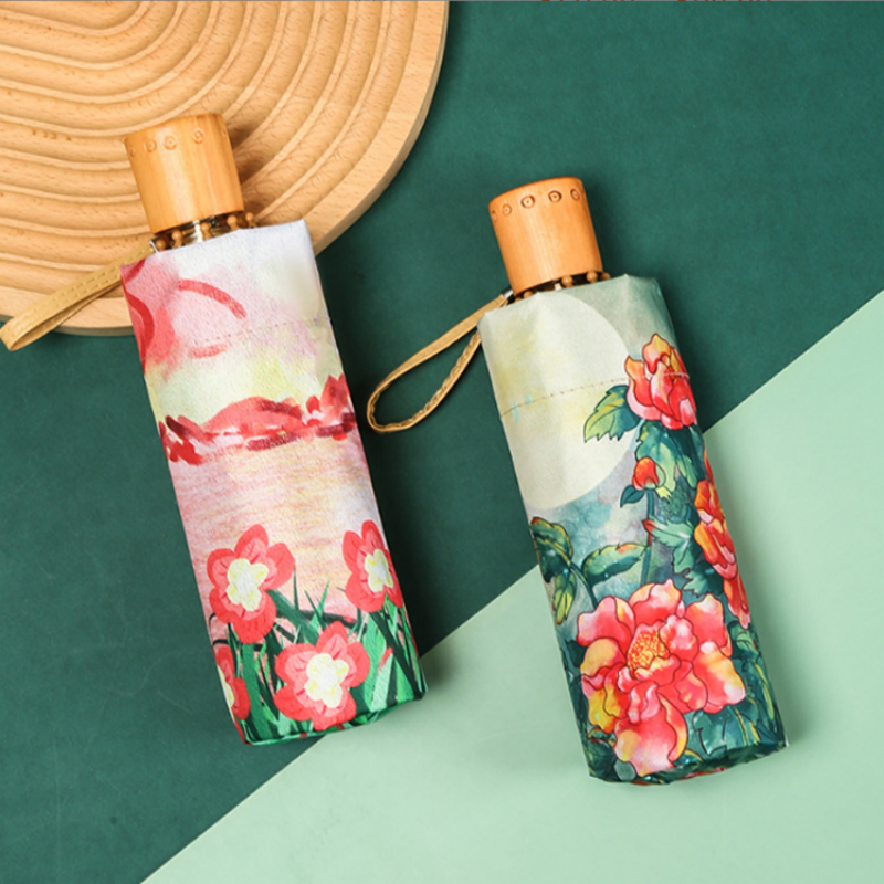 Hengdun New Chinese-style watercolor flower portable umbrella, UV-resistant black rubber sun protection umbrella, mini folding pocket umbrella, artistic and retro style, commuting dual-purpose umbrella, high appearance level, women's sunshade umbrella, wholesale and customization supported
