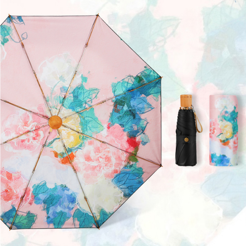 Hengdun New Chinese-style watercolor flower portable umbrella, UV-resistant black rubber sun protection umbrella, mini folding pocket umbrella, artistic and retro style, commuting dual-purpose umbrella, high appearance level, women's sunshade umbrella, wholesale and customization supported Application Scenario