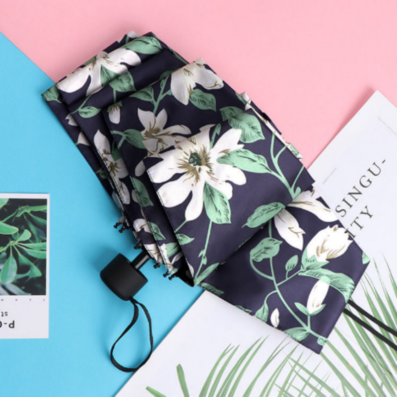 Hengdun Artistic and retro Gardenia flower printed mini 50% discount umbrella, UV protection black rubber all-weather umbrella, ultra-light portable commuting pocket umbrella, girls' commuting sun protection umbrella, wholesale and custom logo supported