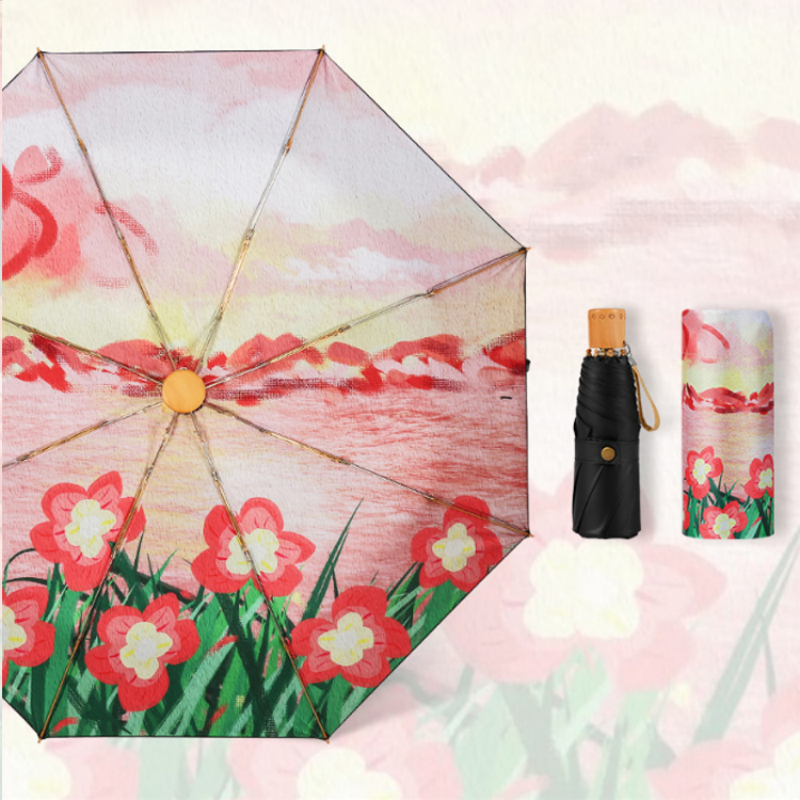 Hengdun New Chinese-style watercolor flower portable umbrella, UV-resistant black rubber sun protection umbrella, mini folding pocket umbrella, artistic and retro style, commuting dual-purpose umbrella, high appearance level, women's sunshade umbrella, wholesale and customization supported Specification image
