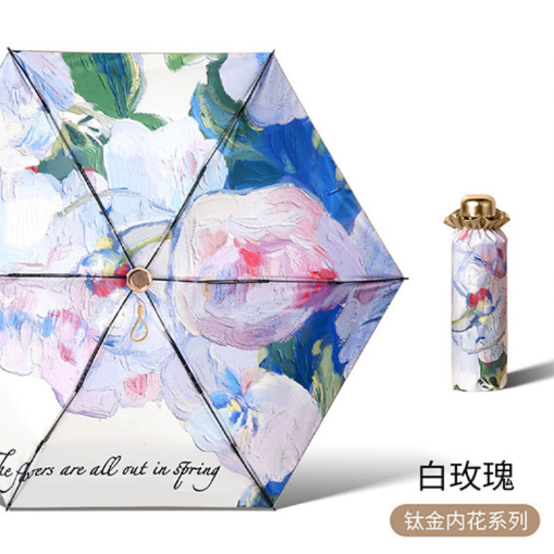 Hengdun Art Oil Painting Style 50% folding umbrella, black rubber coated sun protection umbrella, all-weather pocket umbrella, UV protection portable umbrella, Girls' ultra-light and small portable commuting sun shade umbrella, supports wholesale and custom logo Specification image