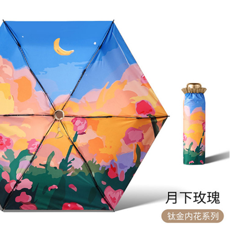 Hengdun Art Oil Painting Style 50% folding umbrella, black rubber coated sun protection umbrella, all-weather pocket umbrella, UV protection portable umbrella, Girls' ultra-light and small portable commuting sun shade umbrella, supports wholesale and custom logo Application Scenario
