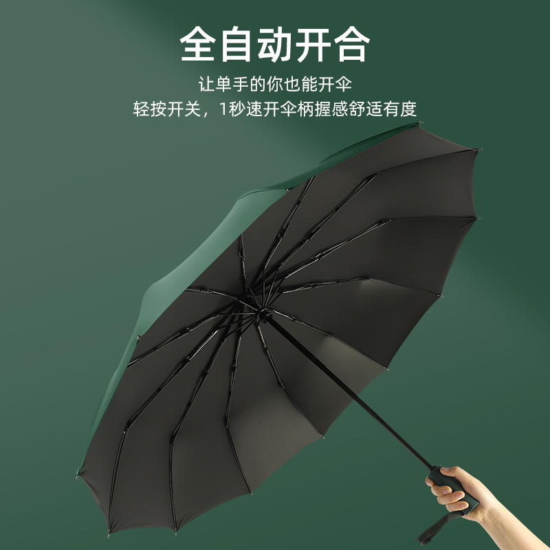 Hengdun's 12-bone fully automatic umbrella in stock, one-click opening and closing black rubber sun protection umbrella, windproof reinforcement, all-weather umbrella available in multiple colors, business gift umbrella available for wholesale and customization, logo advertising umbrella details Picture