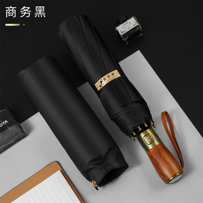 Hengdun in-stock ten-bone fully automatic business umbrella, light luxury beech wood handle, bronze craftsmanship, windproof reinforced folding umbrella, high-end gift umbrella for business commuting, available for wholesale and customization, logo advertising umbrella Application Scenario