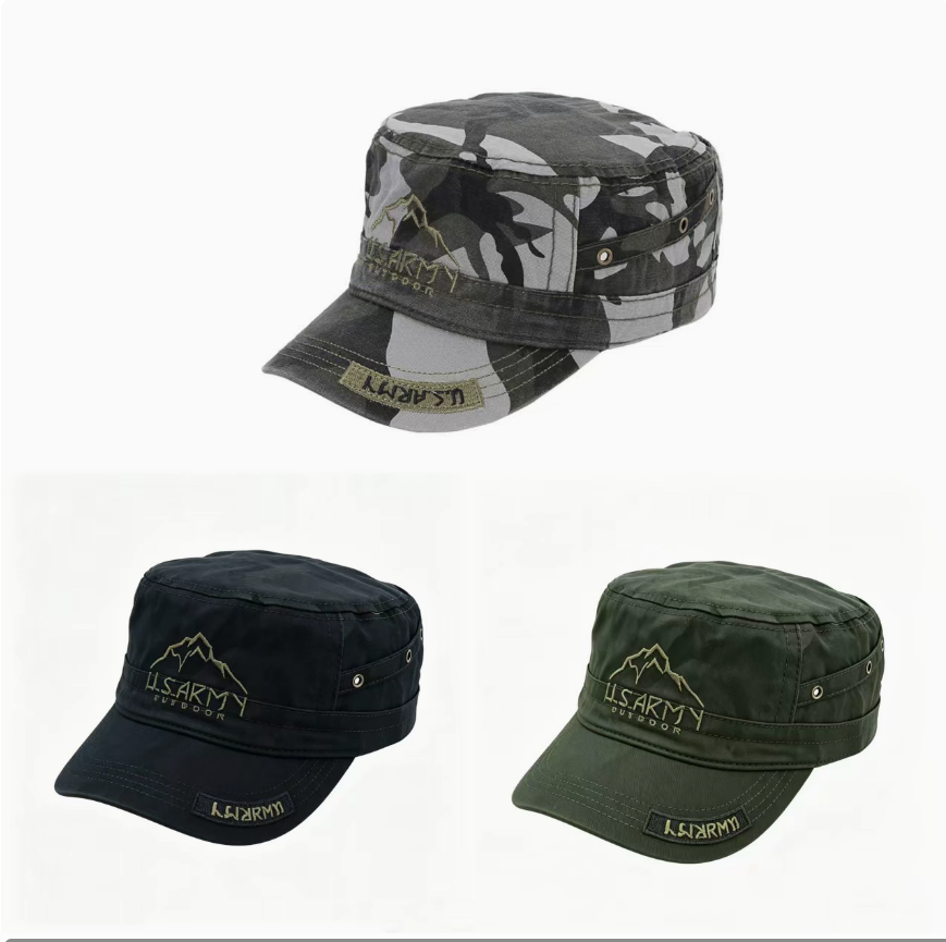 Men's camouflage hats, flat-topped casual hats, outdoor travel sun hats, patchwork and aged sun hats, military caps with large brims Specification image