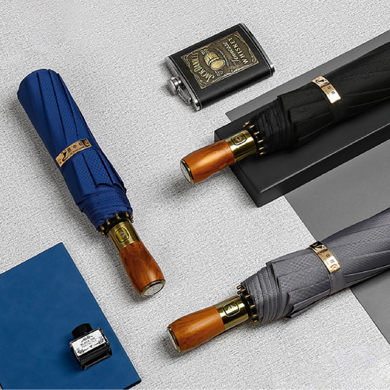Hengdun in-stock ten-bone fully automatic business umbrella, light luxury beech wood handle, bronze craftsmanship, windproof reinforced folding umbrella, high-end gift umbrella for business commuting, available for wholesale and customization, logo advertising umbrella