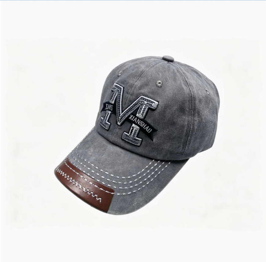 Spring and autumn vintage baseball caps, men's and women's outdoor sun hats, washed denim distressed letter M embroidered baseball caps details Picture