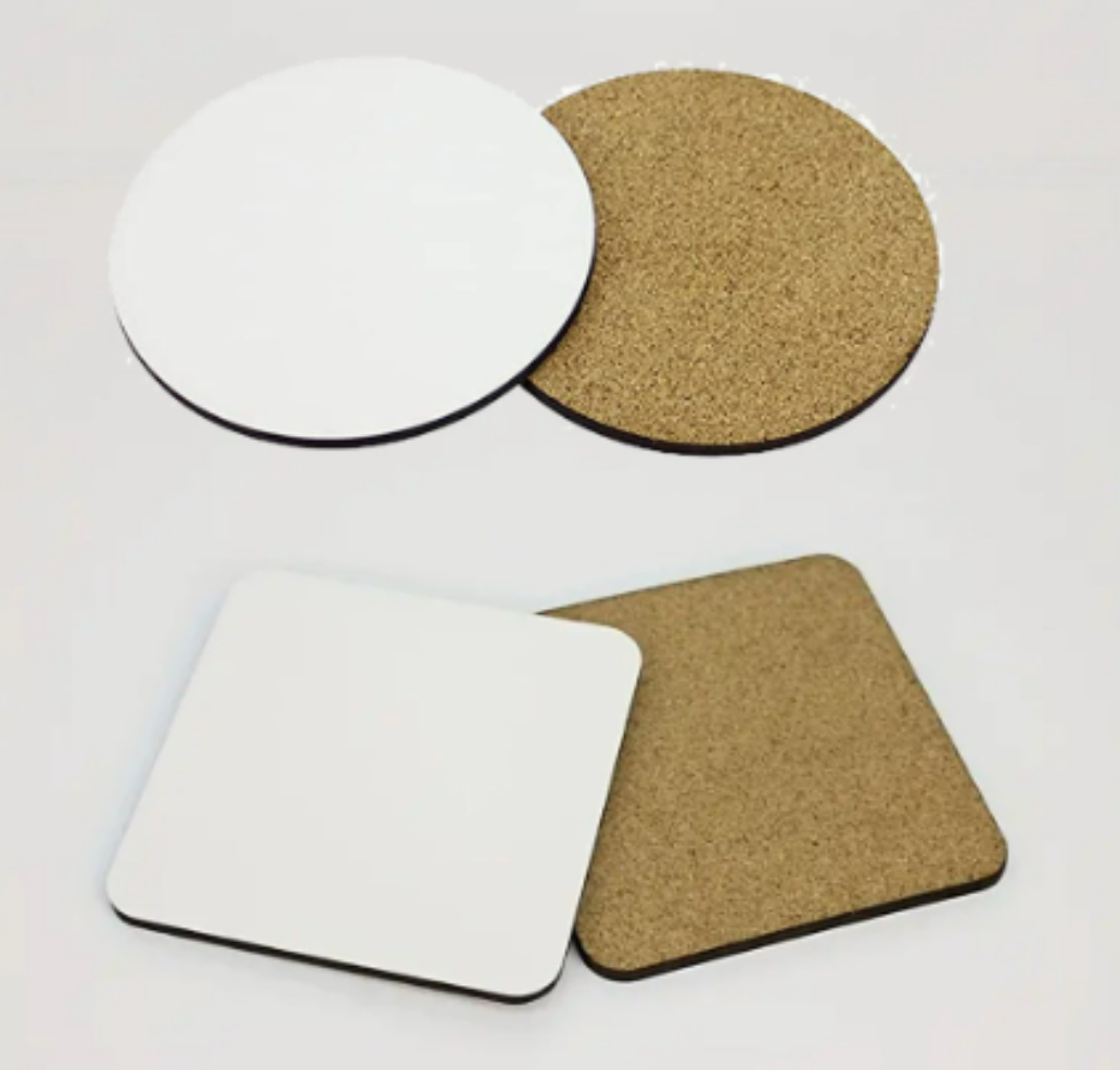 DIY photos of MDF blank wood board heat transfer coasters in circular and square shapes