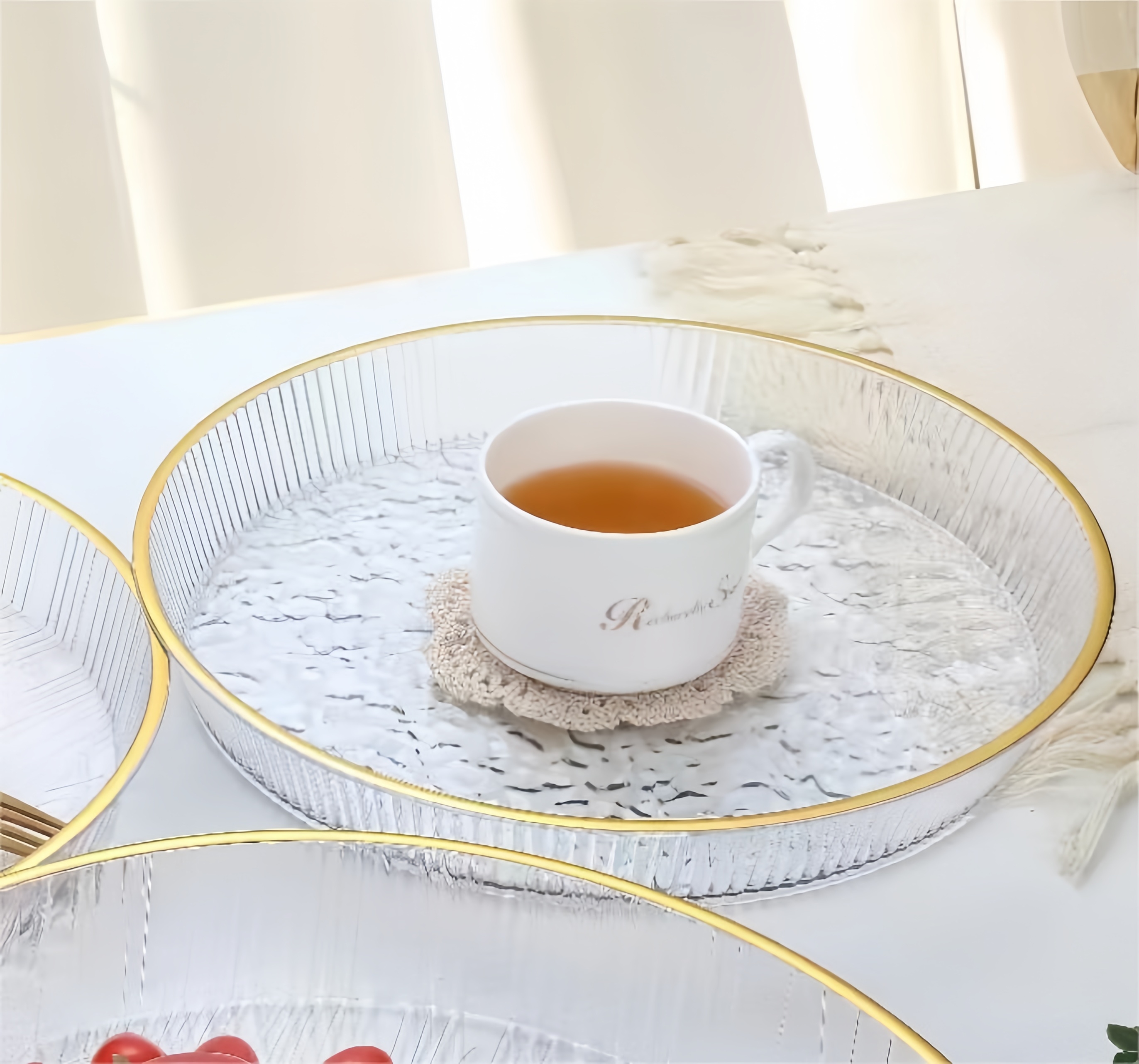 石纹中圆透明果盘花瓣纹31*31*4.7PET材质蛋糕架果篮餐具