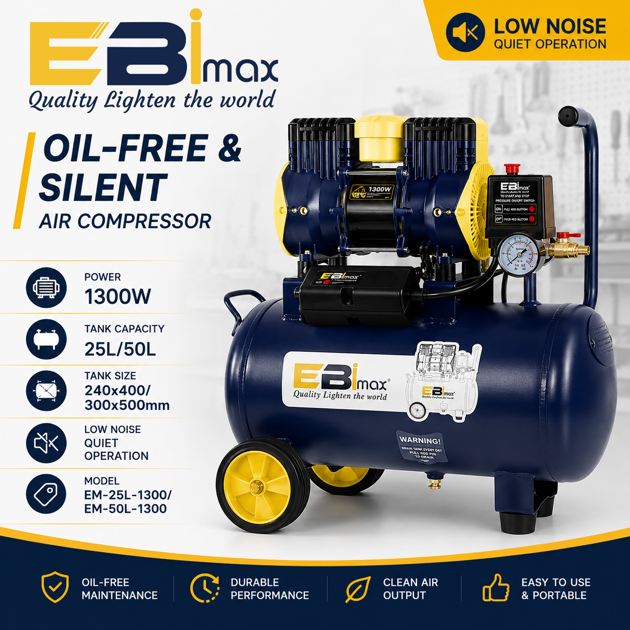 EBi max EM-25L-50L-1300 silent oil-free air compressor Air pump Air compressor Special for pneumatic tools