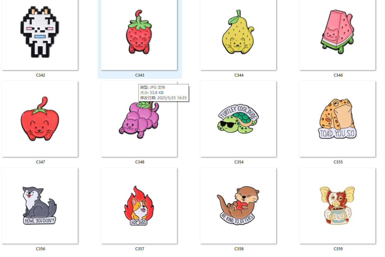 A variety of cute badge cartoon brooches featuring fruits, cats, dogs and more are available for customization full figure