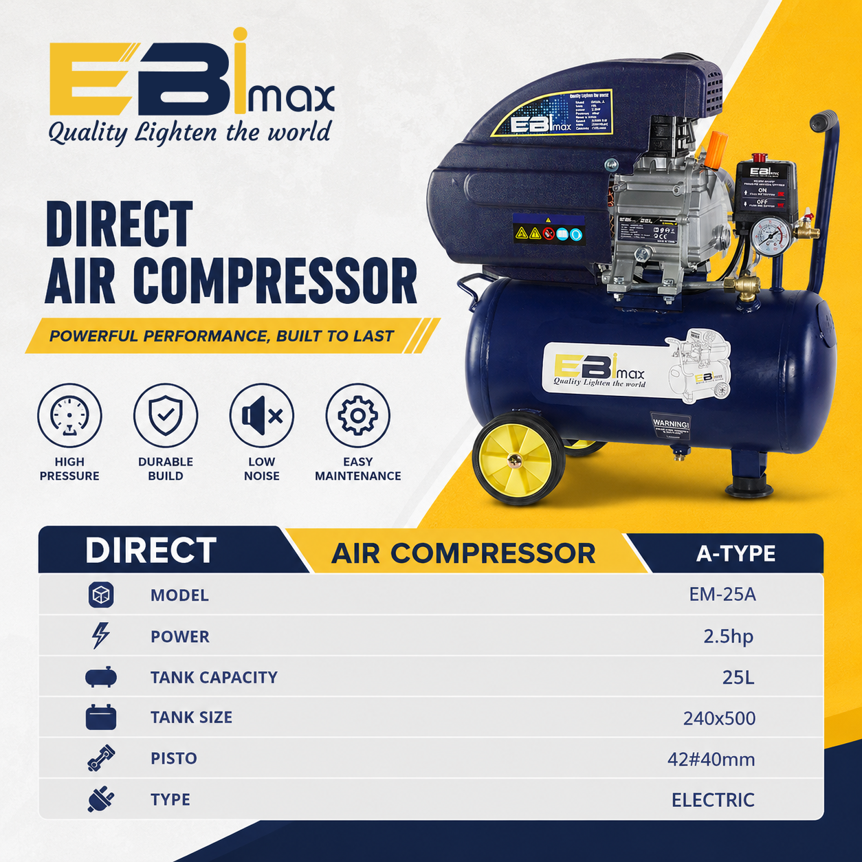 EBImax EM-25ADirect Air Compressor 工业级空气压缩机 便携气泵 木工喷漆汽修打气泵