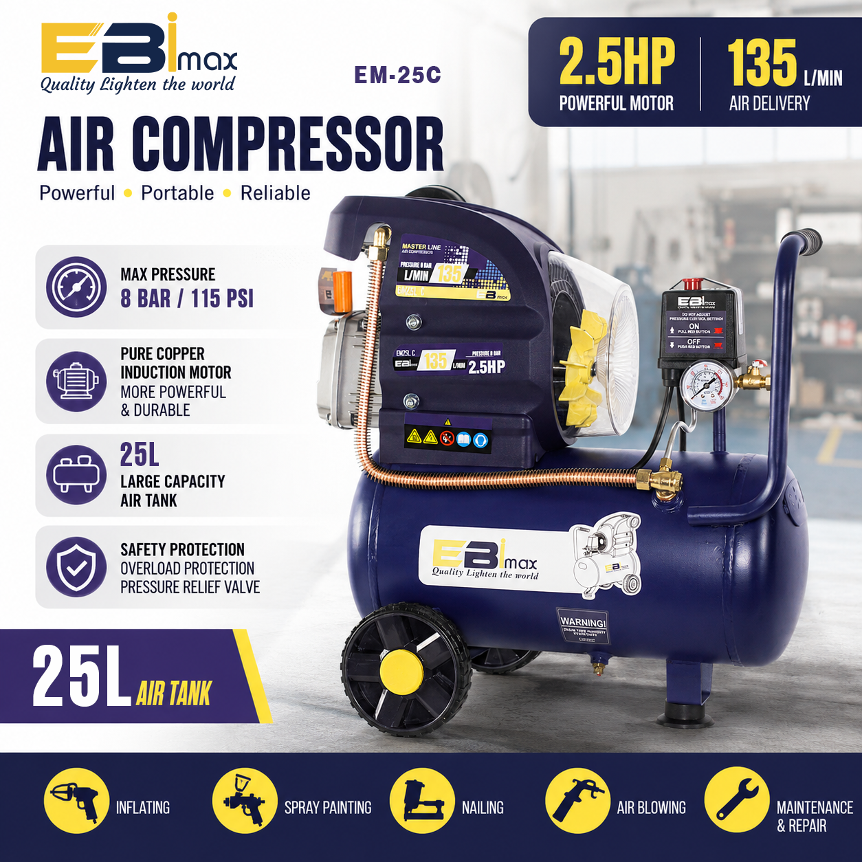 EBImax EM-25C Direct Air Compressor 工业级空气压缩机 便携气泵 木工喷漆汽修打气泵