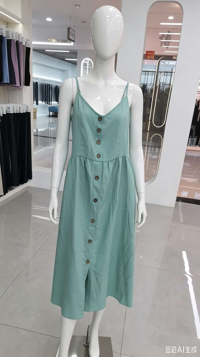 V-neck button-down halter dress with a cinched waist and slit