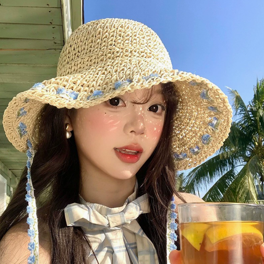 碎花绑带编织草帽女夏季大帽檐遮阳防晒帽子海边沙滩度假风渔夫帽