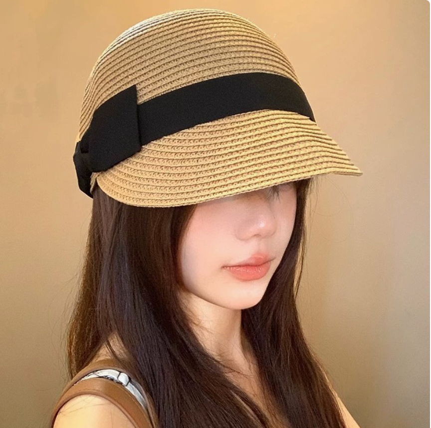 显脸小减龄蝴蝶结圆顶草编鸭舌帽女夏季编织草帽防晒遮阳马术帽子防晒帽