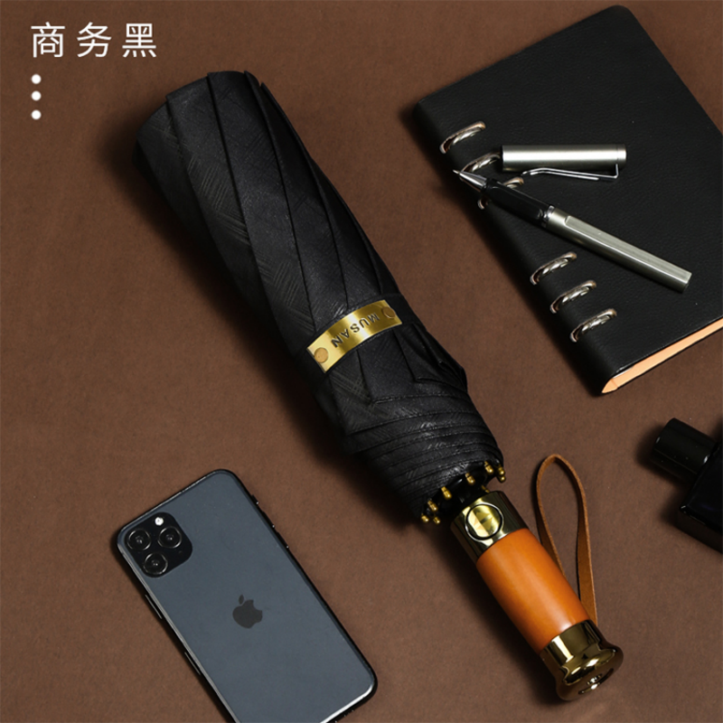 Hengdun 25-inch enlarged business automatic umbrella, solid wood handle, jacquard fabric, all-weather, ten-bone windproof folding umbrella, customizable LOGO business gift umbrella, men's high-end three-fold umbrella details Picture