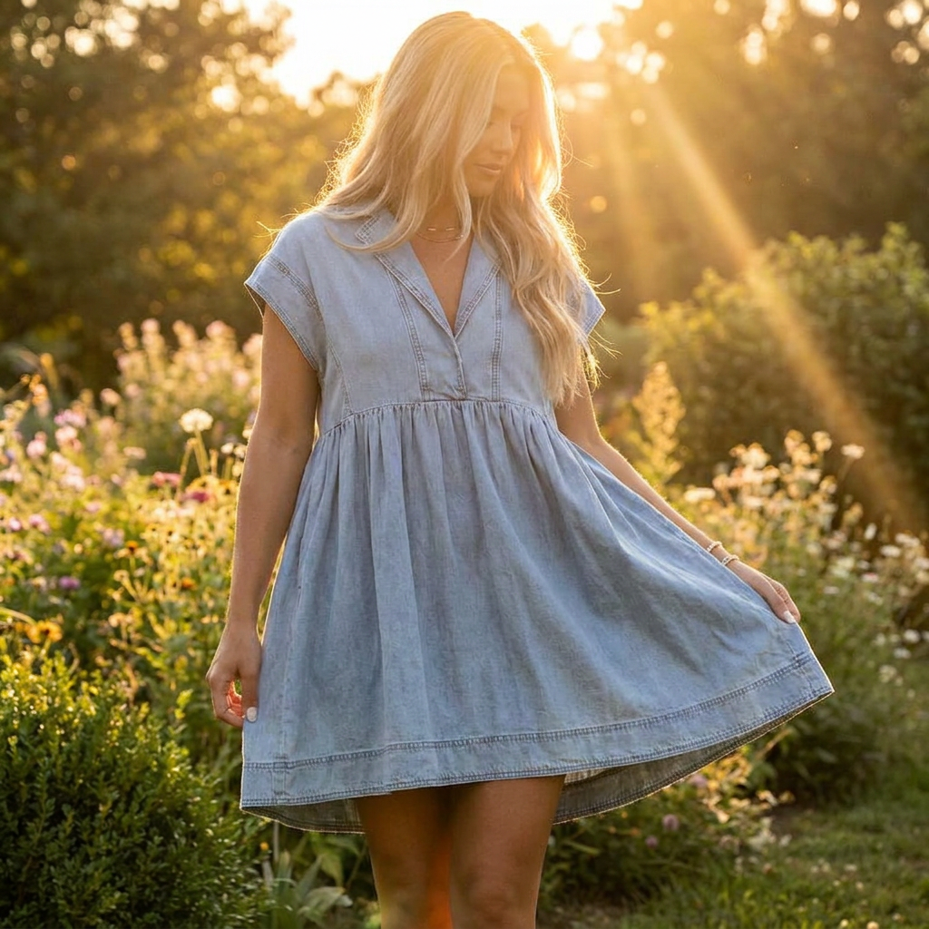 Denim V-neck women's dress, comfortable and breathable dress, fashionable women's dress, dress, dress, dress full figure