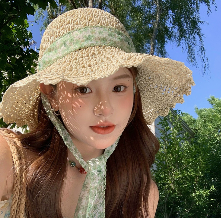 法式碎花蕾丝蝴蝶结草帽女夏季海边沙滩度假大檐遮阳防晒太阳帽子