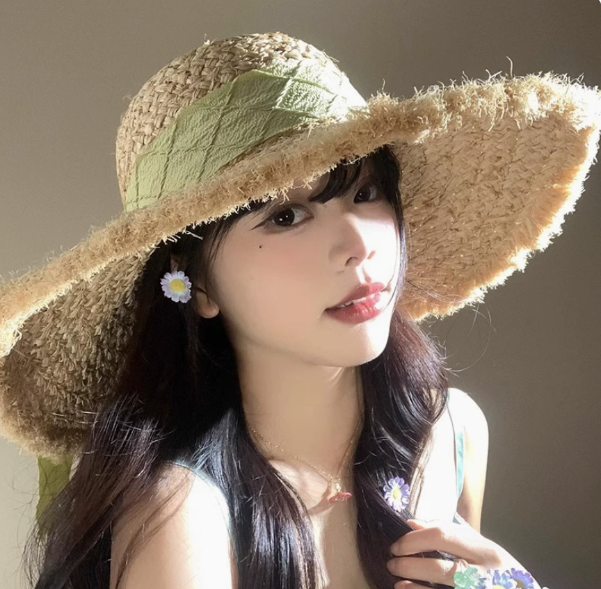 法式蝴蝶结拉菲草帽女夏季大帽檐遮阳防晒帽海边沙滩度假编织帽子