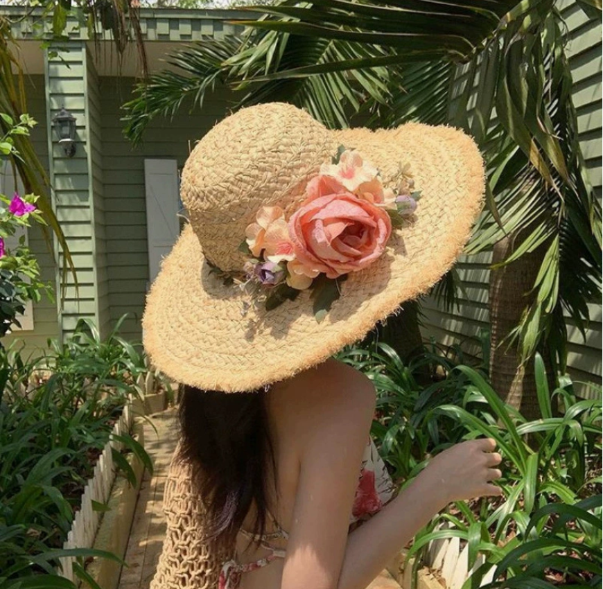 花朵手工编织拉菲草帽女夏季法式大檐遮阳防晒帽海边度假太阳帽子