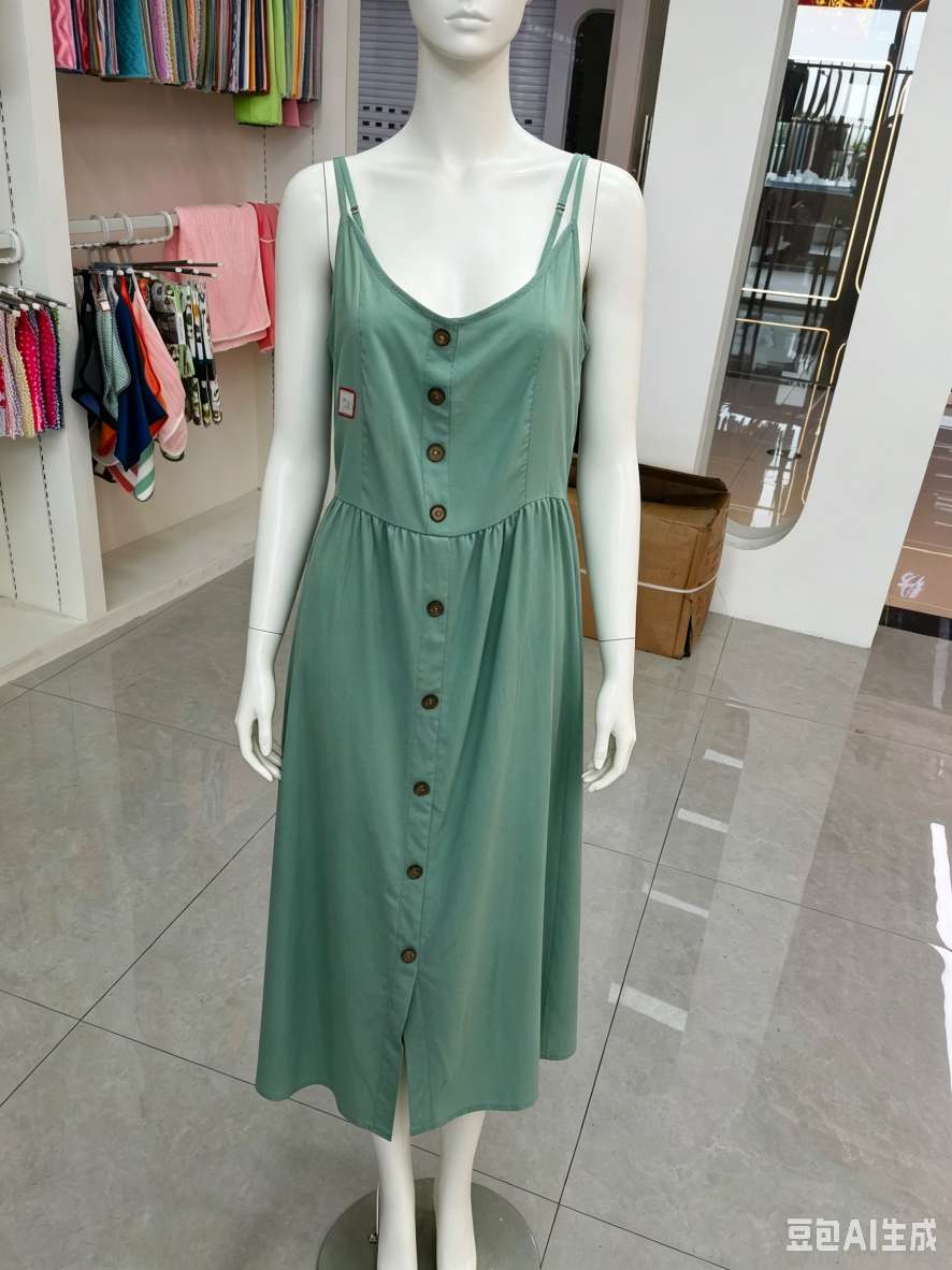 V-neck button-down halter dress with a cinched waist and slit detail image 2