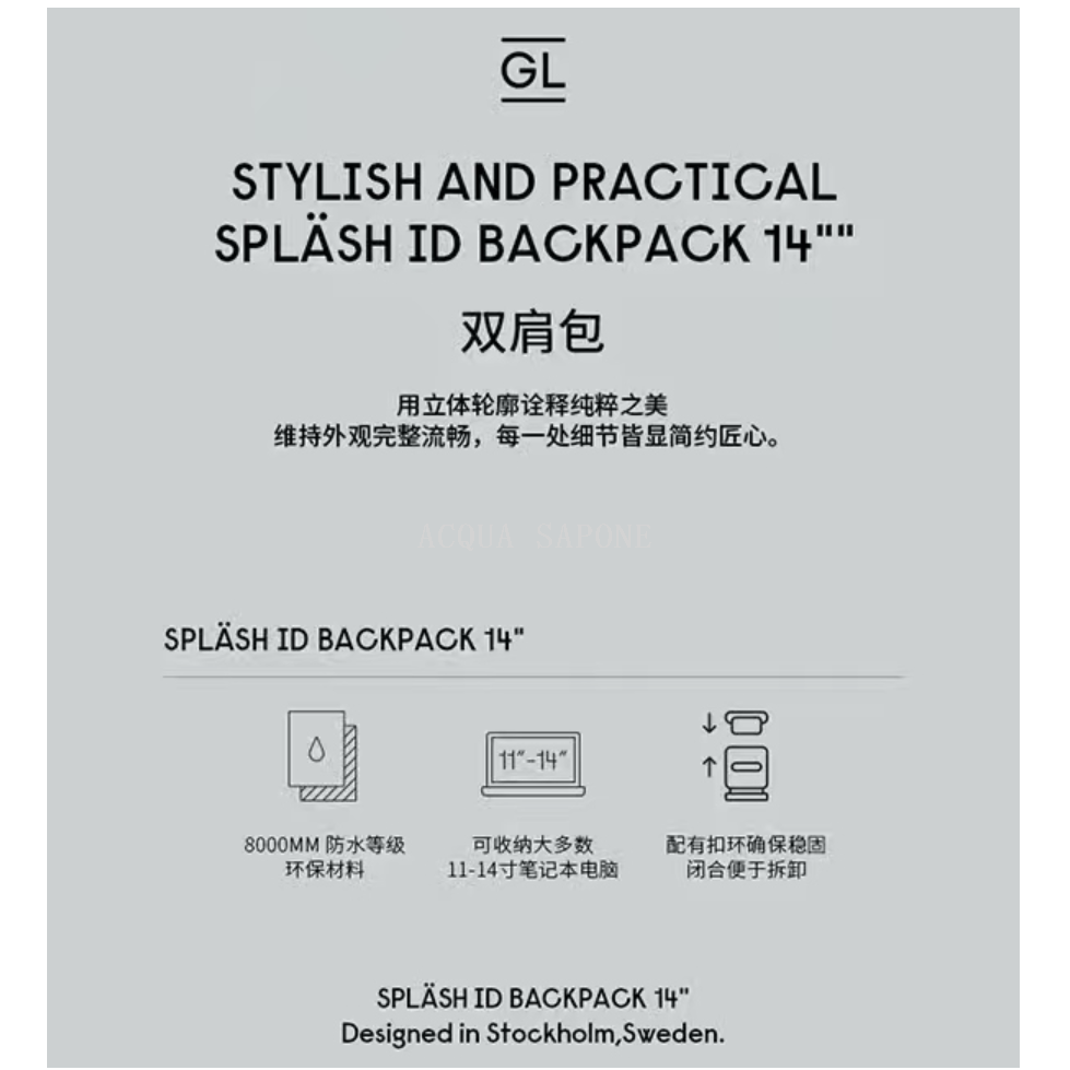 Free shipping! Swedish imported Splash ID Backpack 14-inch water-resistant hand-held backpack details Picture