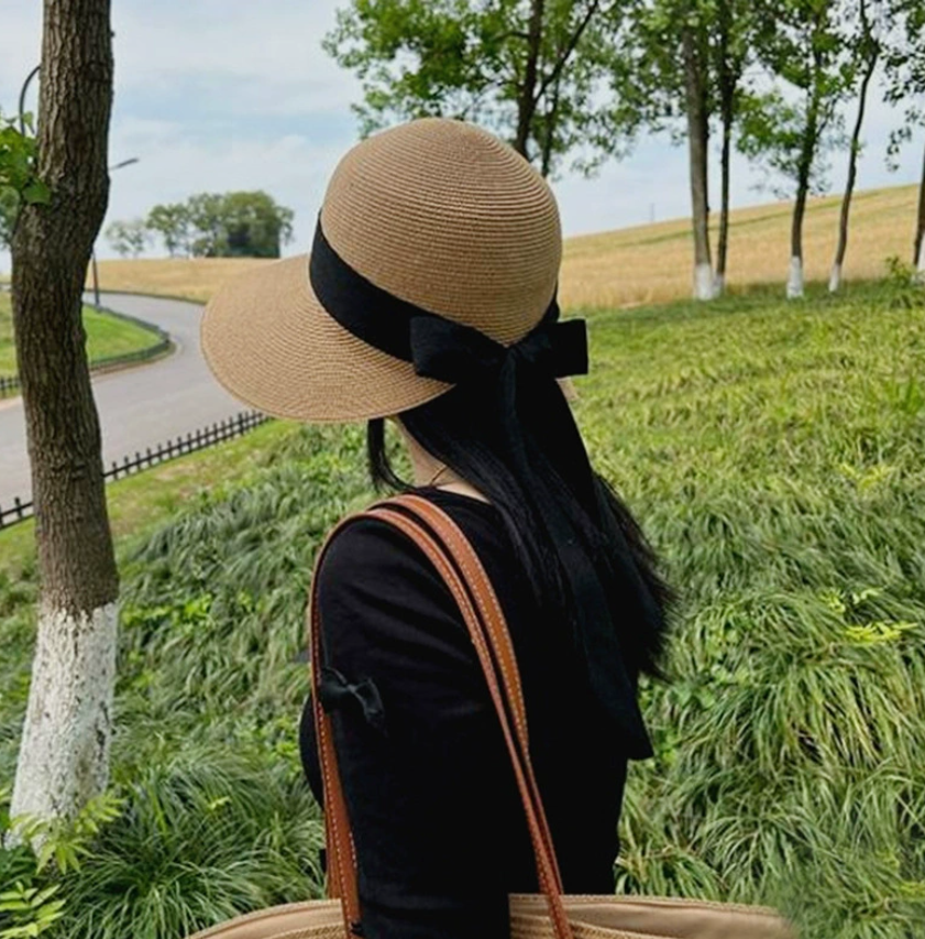 大帽檐太阳帽子女夏季法式优雅蝴蝶结织带草帽时尚百搭防晒遮阳帽