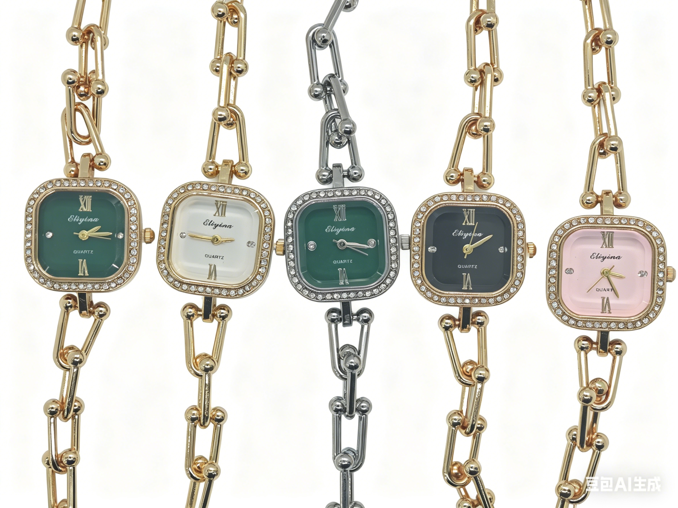 The quartz watch with a five-color square dial set with diamonds, gold and silver from the watch manufacturer features a fashionable, trendy and classic design. It is a couple's clothing accessory watch details Picture