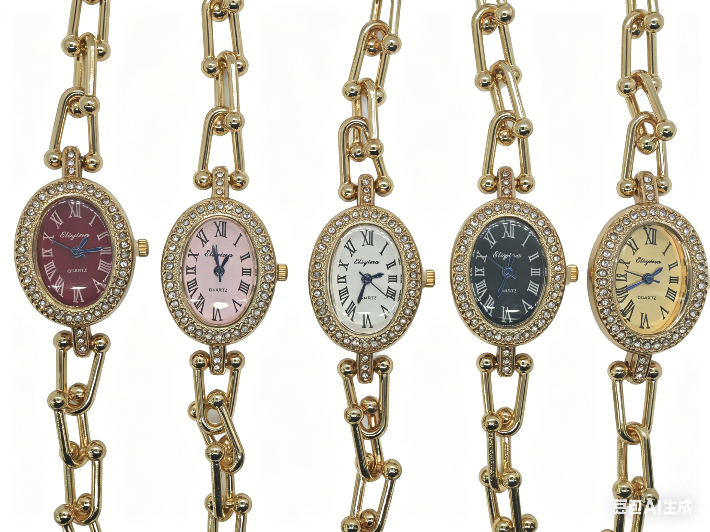 A quartz watch with a five-color oval dial set with diamonds, gold and silver from a watch manufacturer, featuring a fashionable and classic design, is suitable for couple clothing accessories details Picture