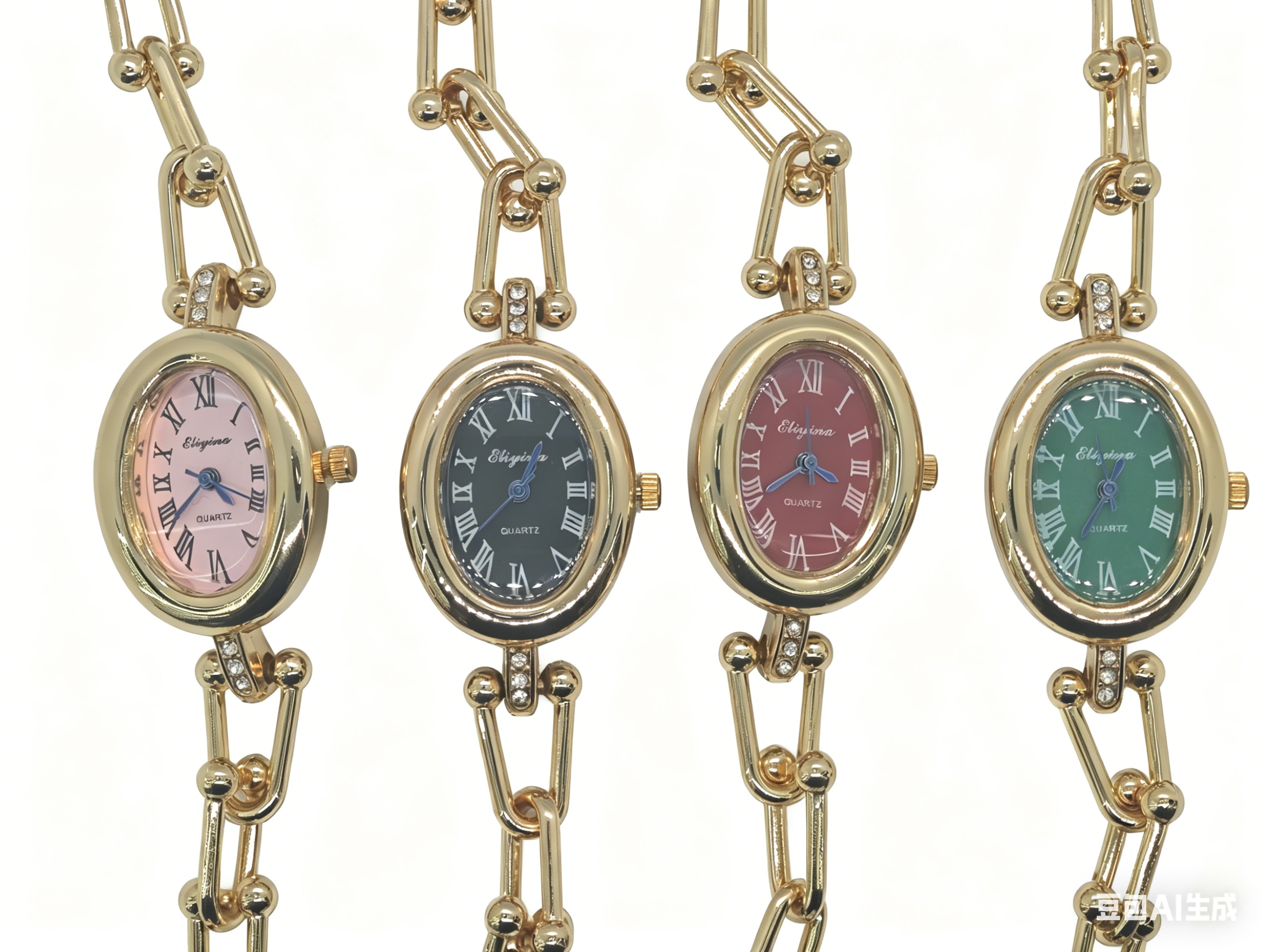 A quartz watch with a four-color oval dial set with diamonds, gold and silver from a watch manufacturer, featuring a fashionable and classic design, is suitable for couple clothing accessories details Picture