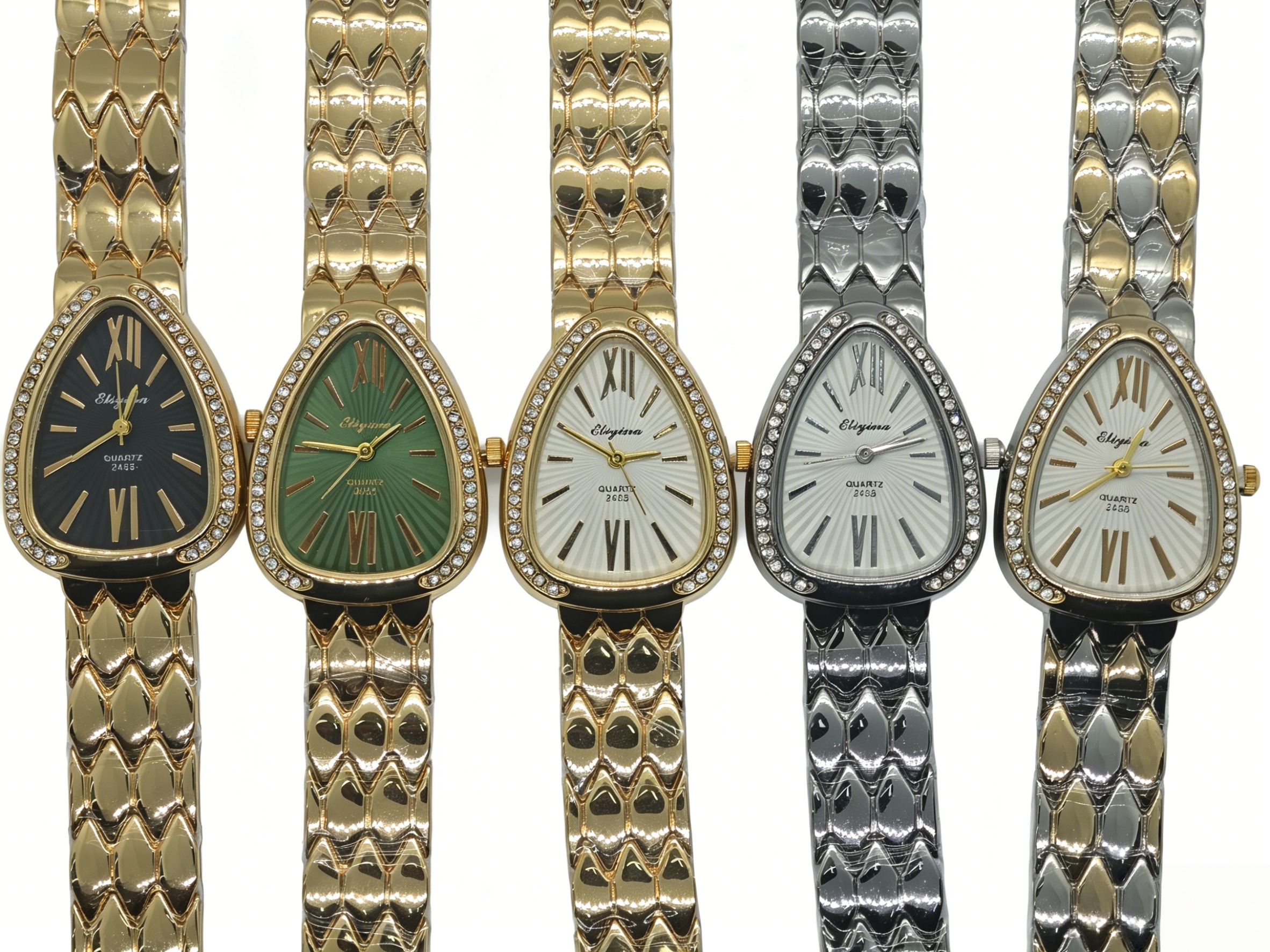 The watch manufacturer's diamond-encrusted teardrop-shaped dial gold and silver quartz watch features a fashionable and classic design, as well as a couple's clothing accessory watch details Picture