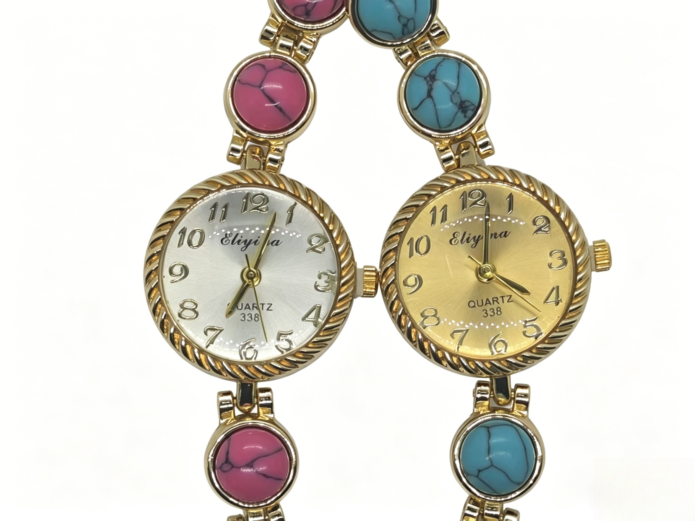 The watch manufacturer's diamond-encrusted, gold, silver, red and blue dual-color quartz watch is a fashionable, trendy and classic design for couple clothing accessories details Picture