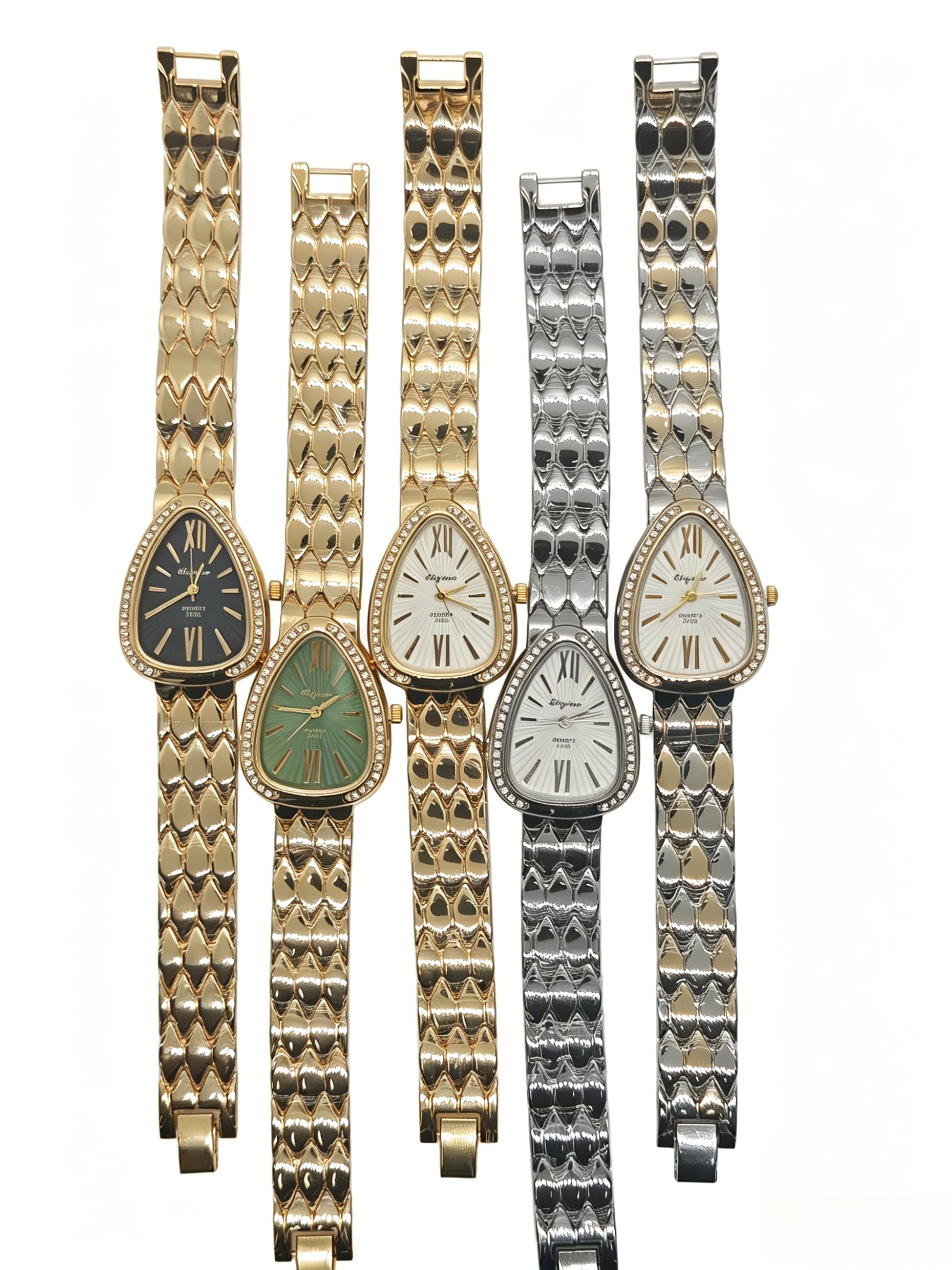 The watch manufacturer's diamond-encrusted teardrop-shaped dial gold and silver quartz watch features a fashionable and classic design, as well as a couple's clothing accessory watch full figure