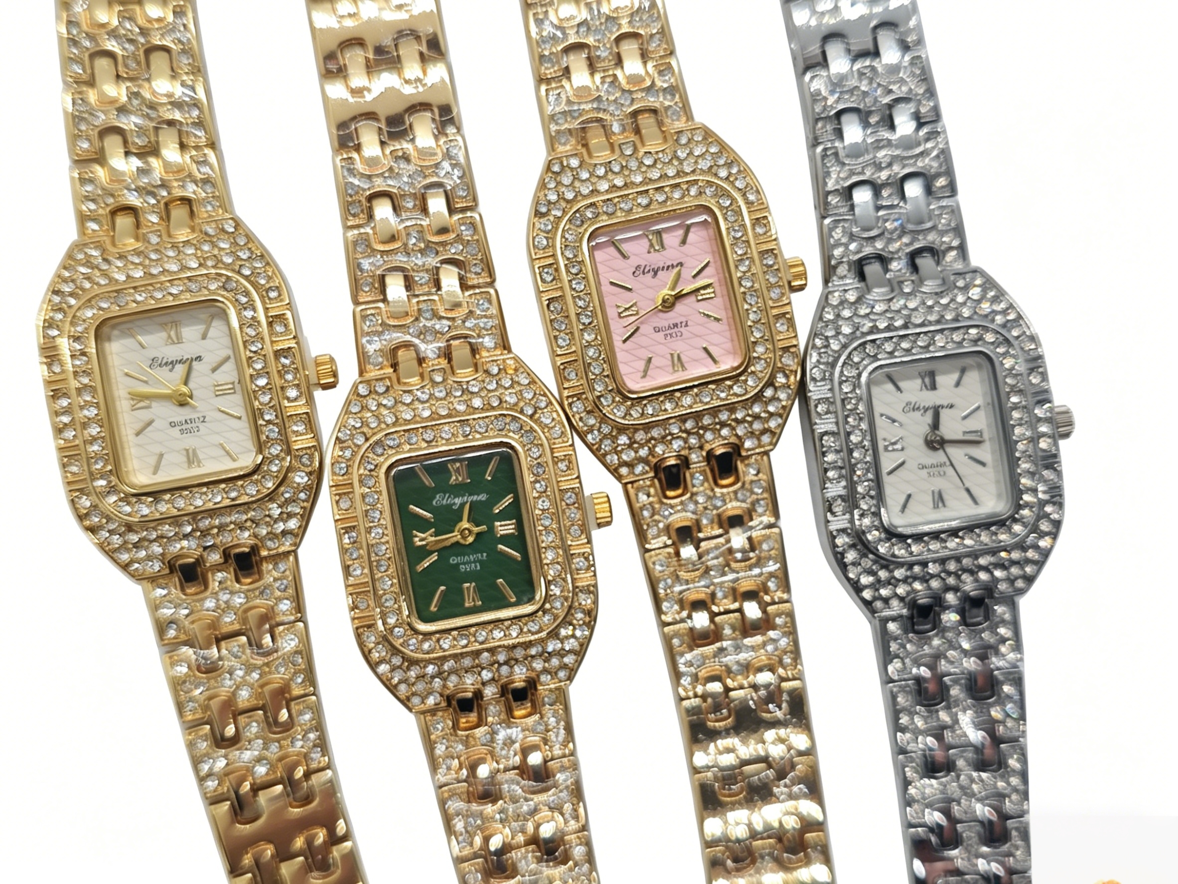 The watch manufacturer's diamond-encrusted, gold, silver, green, white, black and quartz watches are fashionable, trendy and classic designs, as well as couple clothing and accessory watches details Picture