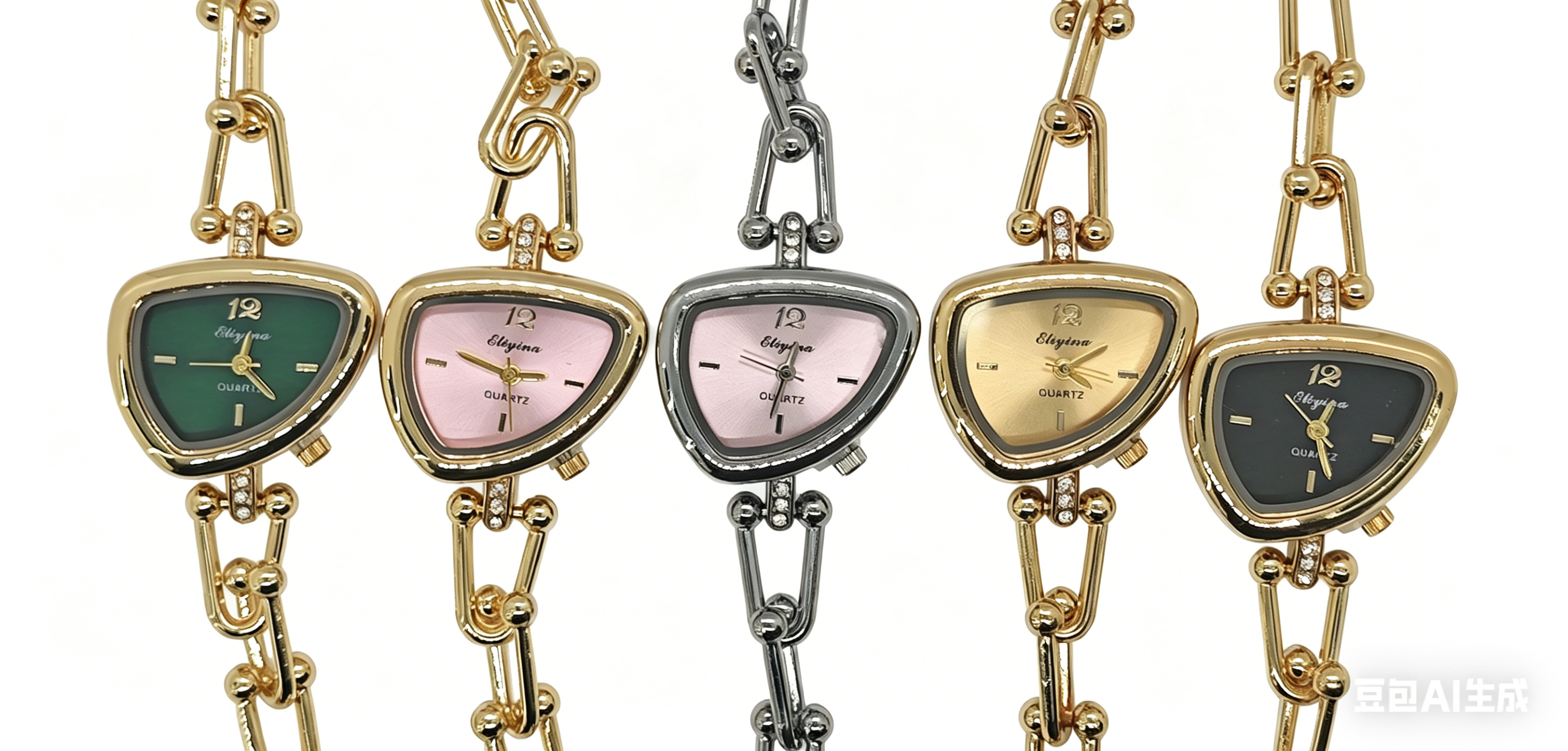 The quartz watch with a diamond, gold and silver five-color irregular triangular dial from the watch manufacturer features a fashionable and classic design, as well as a couple's clothing accessory watch details Picture