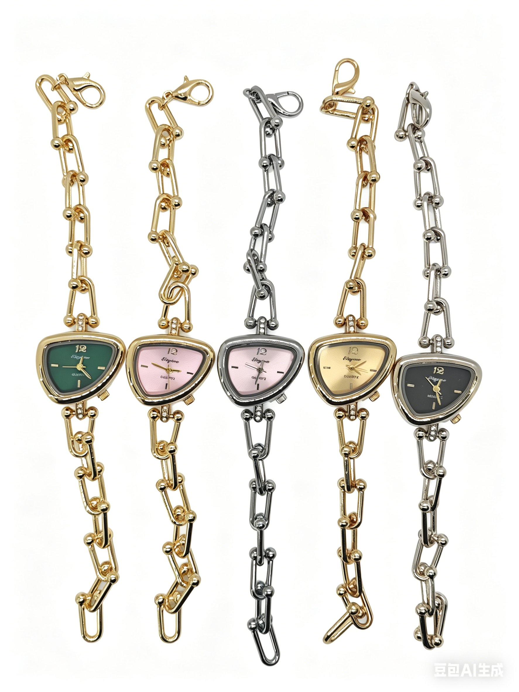 The quartz watch with a diamond, gold and silver five-color irregular triangular dial from the watch manufacturer features a fashionable and classic design, as well as a couple's clothing accessory watch full figure