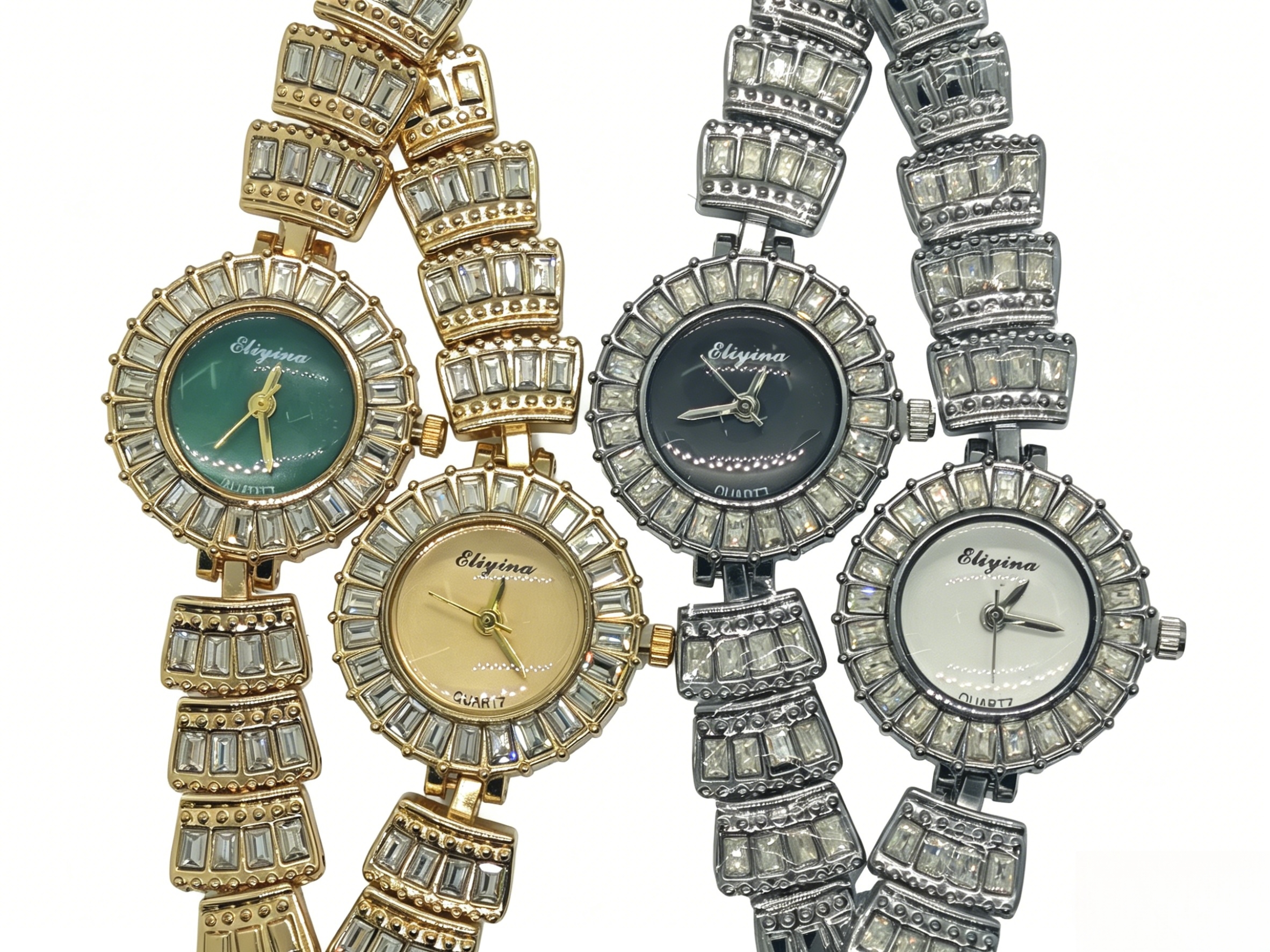 The watch manufacturer's diamond-encrusted zircon diamond gold and silver multi-color quartz watch is a fashionable and trendy classic design for couple clothing accessories details Picture