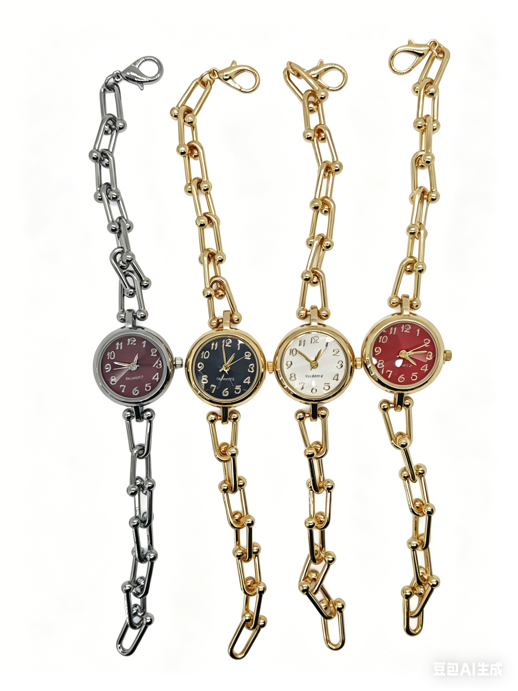 A quartz watch with a four-color oval dial set with diamonds, gold and silver from a watch manufacturer. It features a fashionable and classic design for couples' clothing and accessories. 200234098 full figure