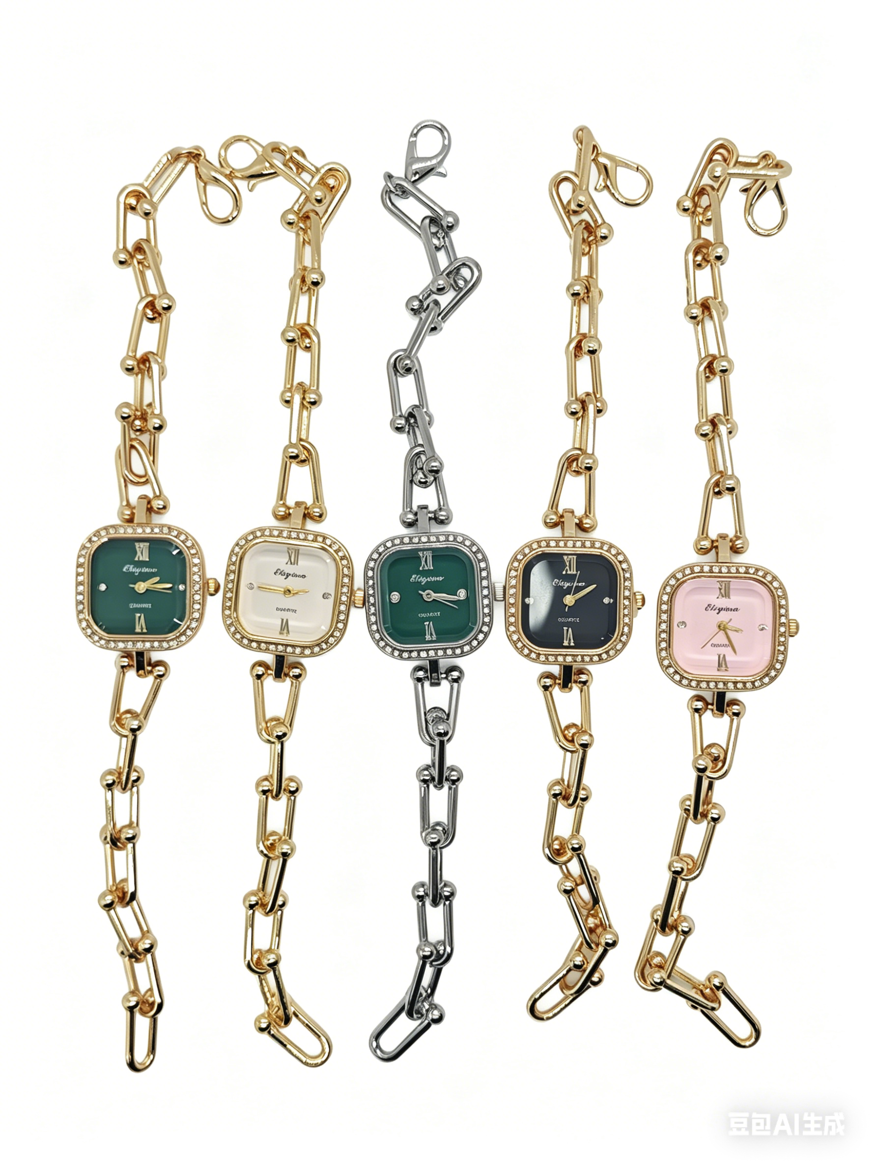 The quartz watch with a five-color square dial set with diamonds, gold and silver from the watch manufacturer features a fashionable, trendy and classic design. It is a couple's clothing accessory watch full figure