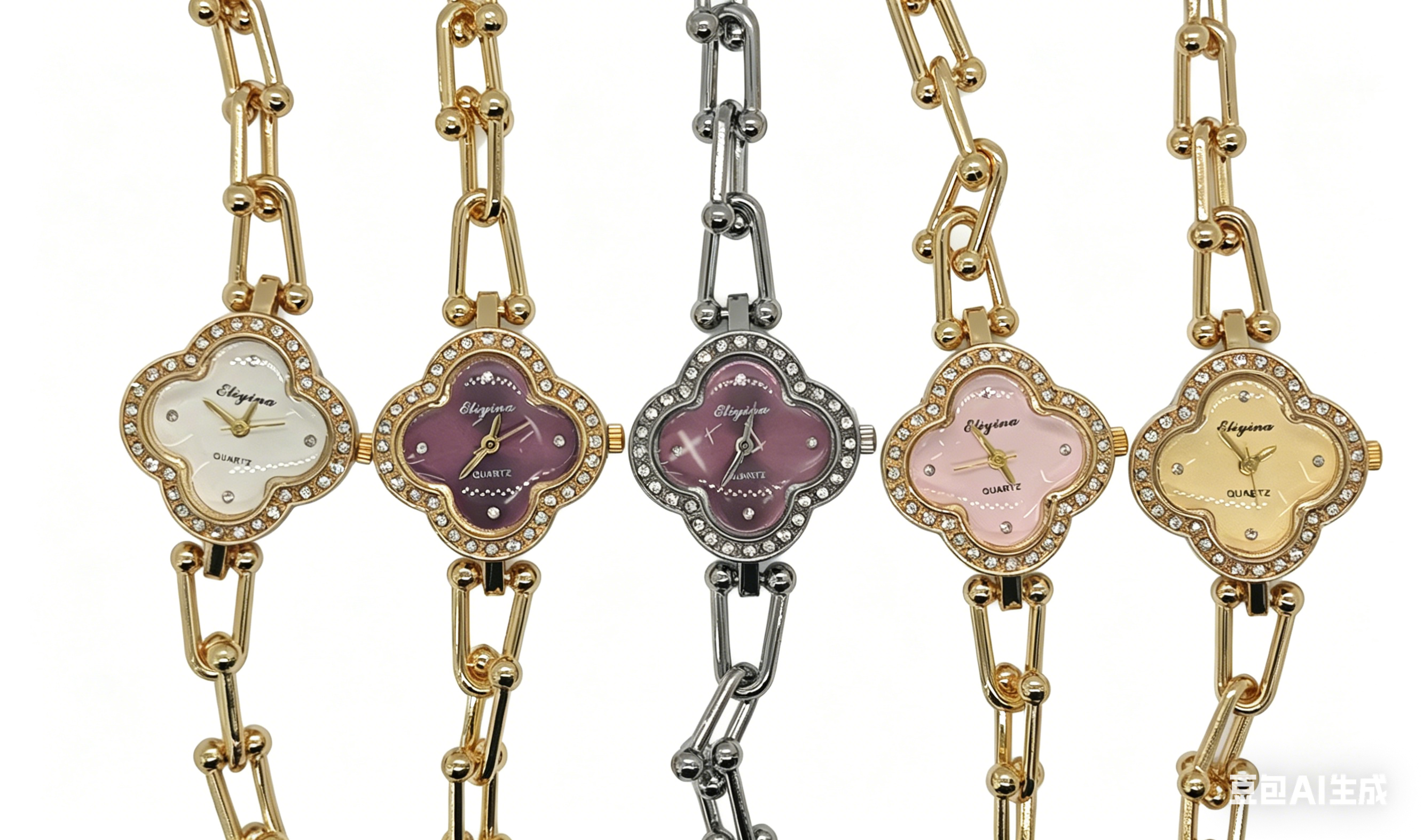 The watch manufacturer's quartz watch with a diamond, gold and silver five-color plum blossom-shaped dial is fashionable, trendy and classic in design. It is a couple's clothing accessory watch details Picture