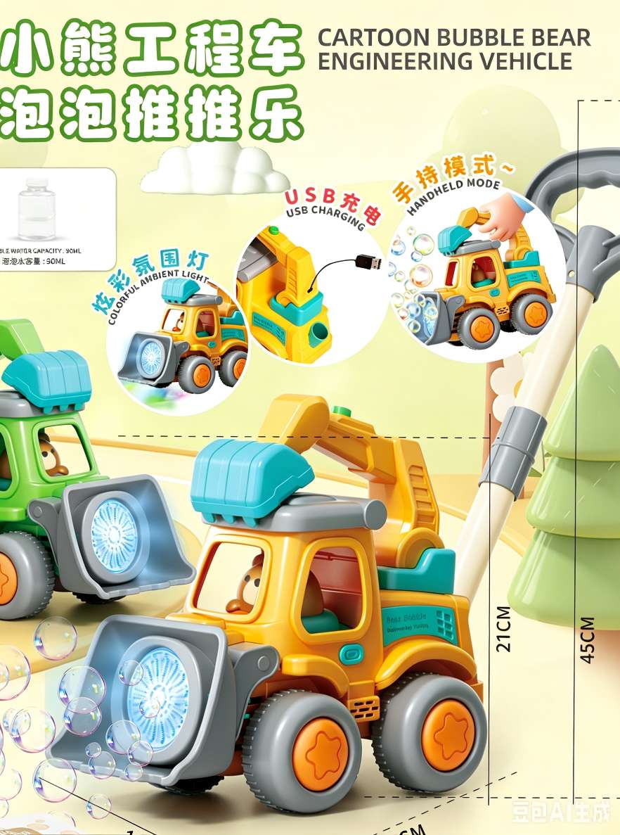 2026 New Little Bear Engineering Vehicle Bubble Push Fun Children's Fully automatic hand-pushed bubble machine, USB charging with light, walking toy detail image 4