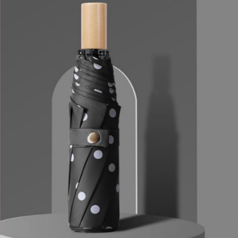 Hengdun polka dot wooden handle all-weather umbrella, retro polka dot black rubber sun umbrella, multiple colors available, UV protection portable student sun umbrella, simple ins style sun umbrella, wholesale and custom logo supported