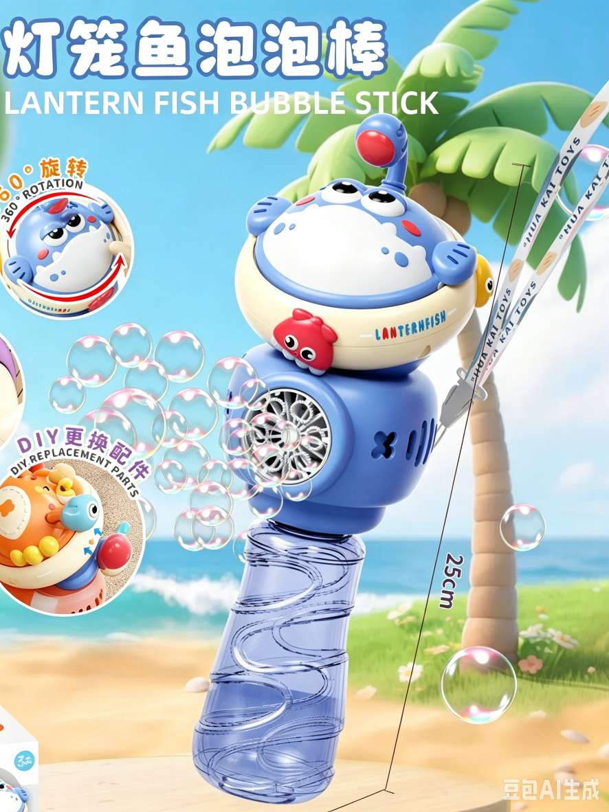 Cartoon lanternfish bubble machine, fully automatic continuous bubble production, portable bubble gun toy with lanyard